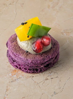 Baba ghanoush, beetroot blini, pomegranate, golden beetroot, nigella seed, chive