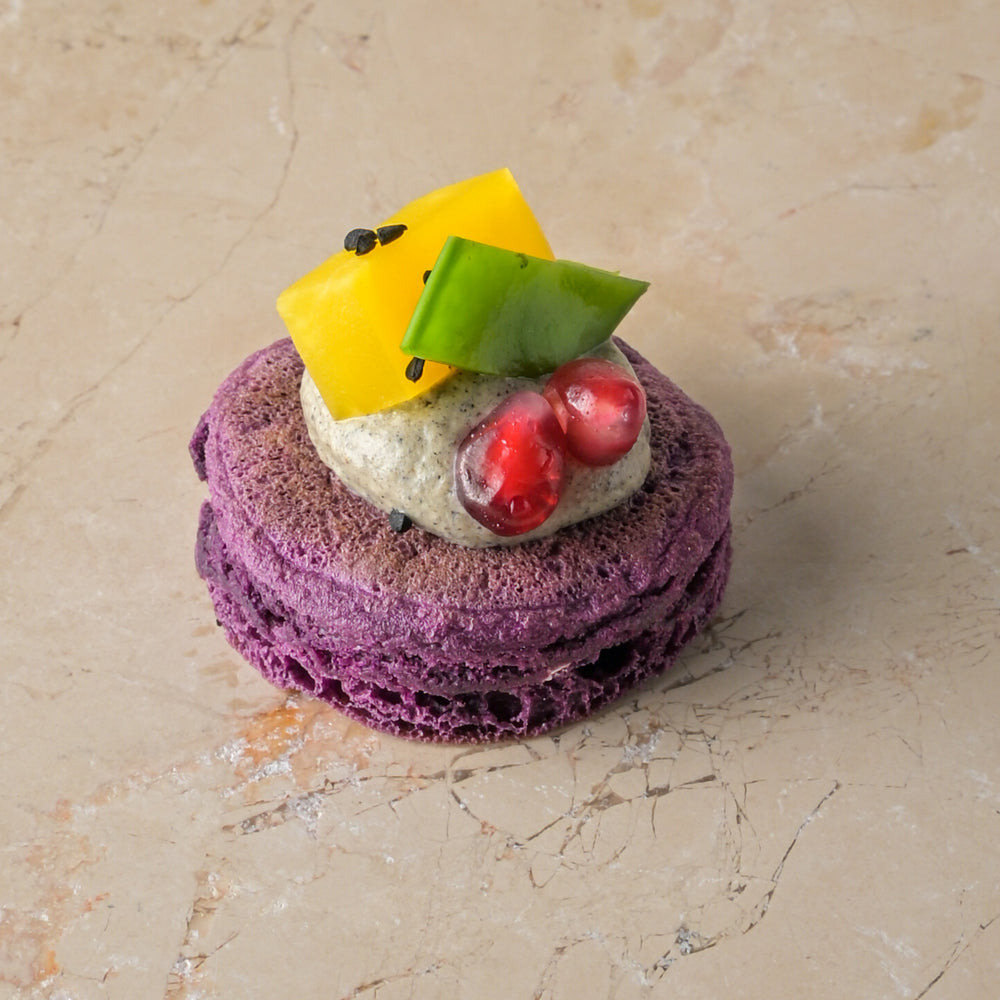 Baba ghanoush, beetroot blini, pomegranate, golden beetroot, nigella seed, chive