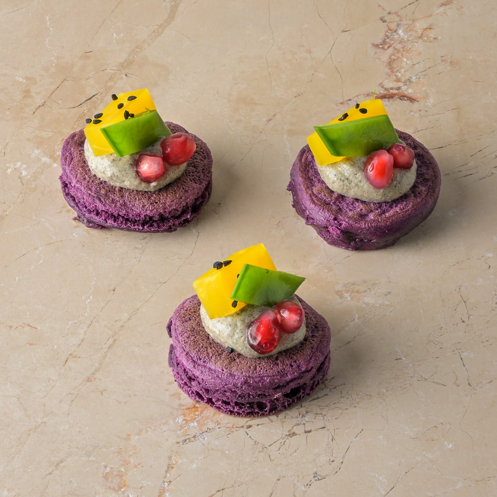 Baba ghanoush, beetroot blini, pomegranate, golden beetroot, nigella seed, chive