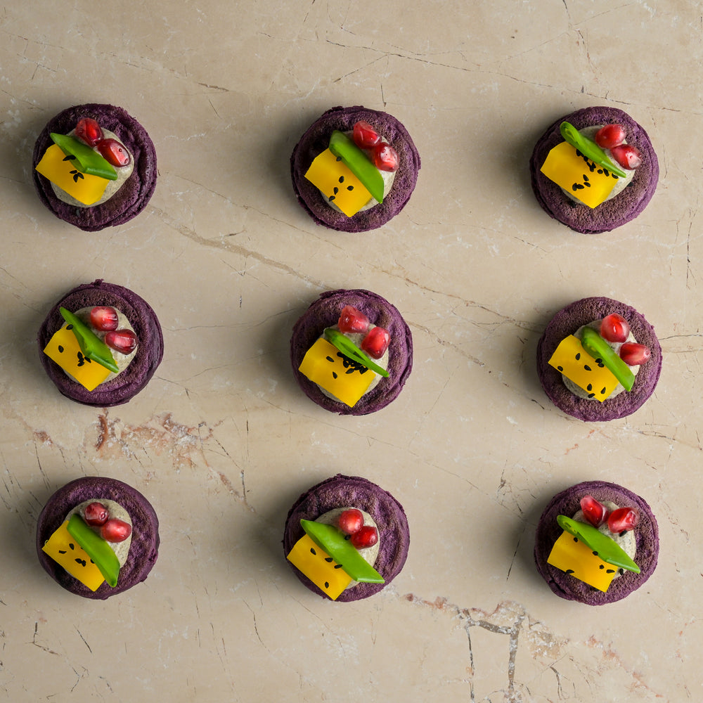 Baba ghanoush, beetroot blini, pomegranate, golden beetroot, nigella seed, chive