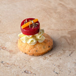Beetroot pickle compress, whipped goats cheese, Grana Padano shortbread, orange, thyme (GF)