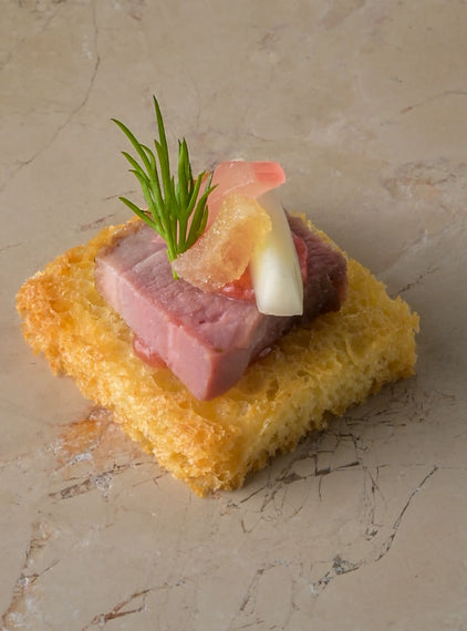 Black Mountain smoked duck breast, rhubarb chutney, brioche, candied ginger, fennel