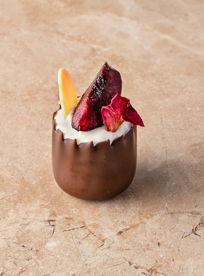 Black forest chocolate cup, chocolate ganache, kirsch cherry, vanilla creme