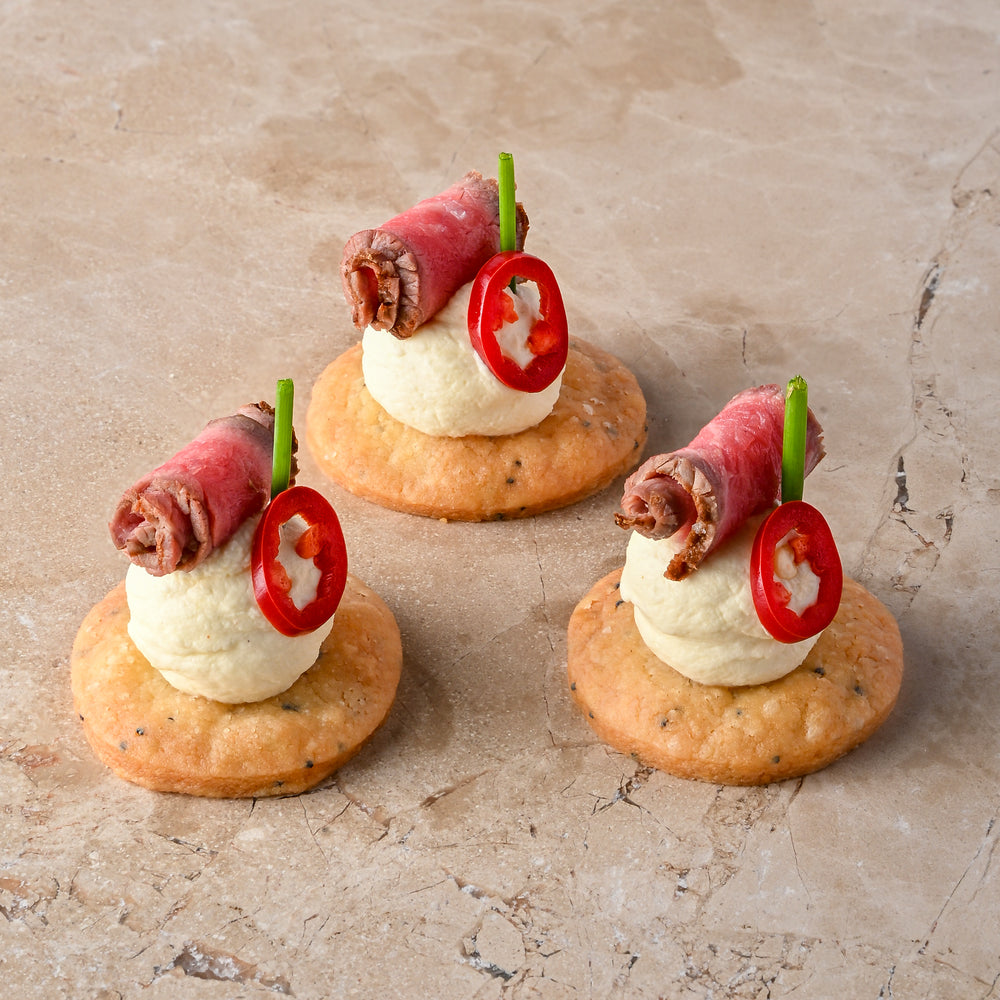 Carpaccio beef, parmesan shortbread, chilli, chive, mustard crème (GF)