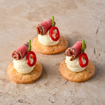 Carpaccio beef, parmesan shortbread, chilli, chive, mustard crème (GF)