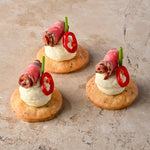 Carpaccio beef, parmesan shortbread, chilli, chive, mustard crème (GF)