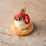 Carpaccio beef, parmesan shortbread, chilli, chive, mustard crème (GF)