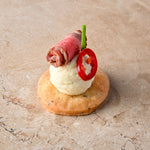 Carpaccio beef, parmesan shortbread, chilli, chive, mustard crème (GF)
