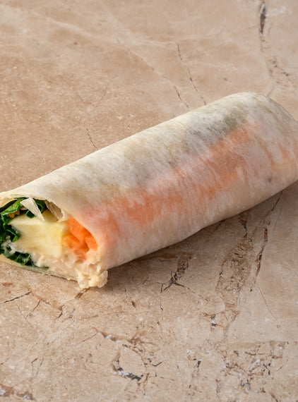 Cavallo nero, toasted sesame, roast celeriac, ribbon carrot, wasabi, charred shallot, pancake roll