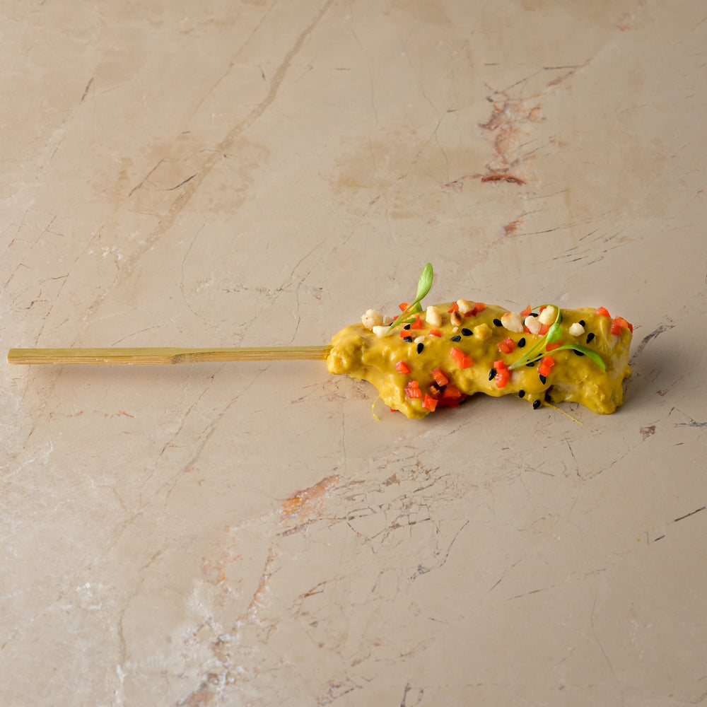 Chicken satay skewer, almond crumb, coriander cress, chopped chilli, nigella seed (GF)