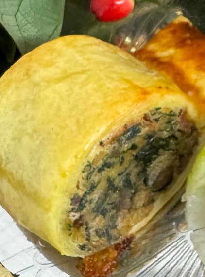 Chickpea and chestnut sausage roll, roast onion, spinach, sage, aged cheddar.