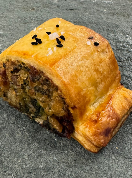 Chickpea and chestnut sausage roll, roast onion, spinach, sage, aged cheddar.