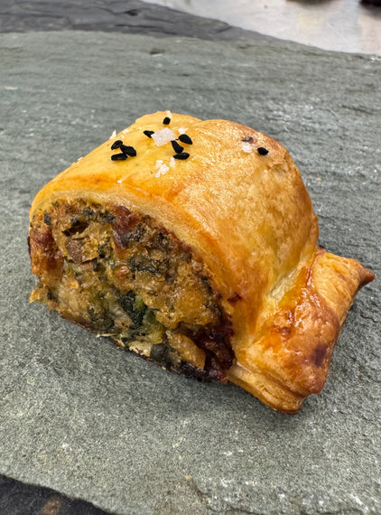 Chickpea and chestnut sausage roll, roast onion, spinach, sage, aged cheddar.