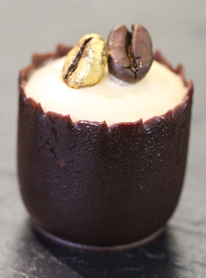 Espresso martini chocolate cup, coffee ganache, toasted beans.