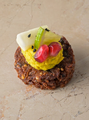 Coriander seed falafel, hummus, pickled kohlrabi, pomegranate, lime