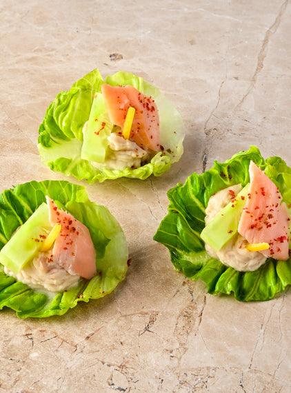 Hot smoked trout, cannellini bean puree, anise pickled cucumber, trout caviar, baby gem