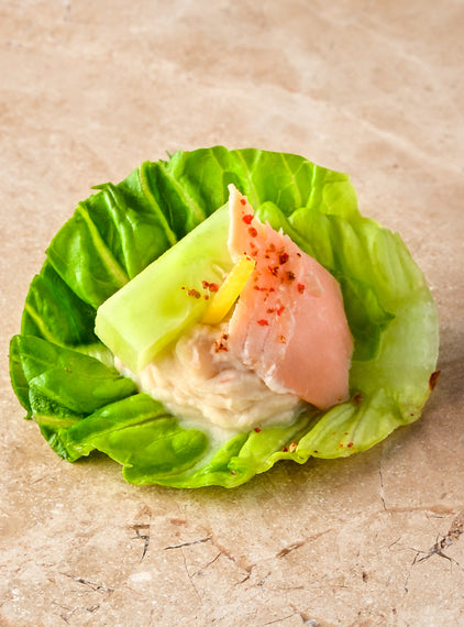 Hot smoked trout, cannellini bean puree, anise pickled cucumber, trout caviar, baby gem