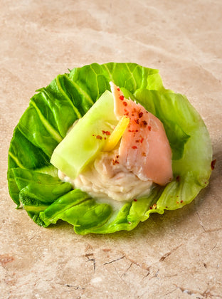 Hot smoked trout, cannellini bean puree, anise pickled cucumber, trout caviar, baby gem