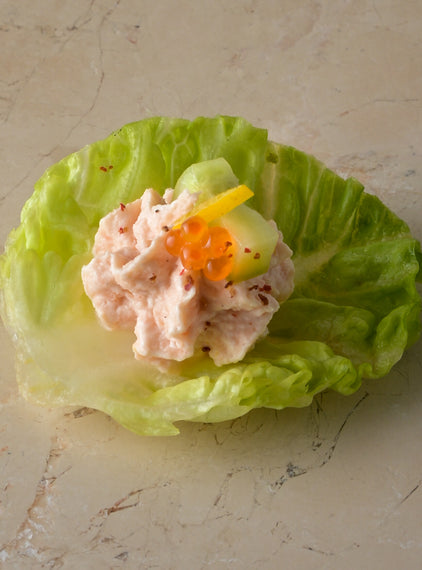 Hot smoked trout pate, sweet pickle cucumber, baby gem, trout roe (GF)