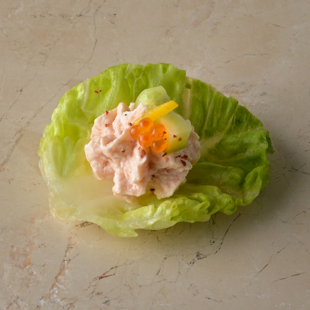 Hot smoked trout pate, sweet pickle cucumber, baby gem, trout roe (GF)