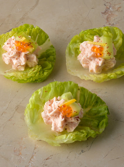 Hot smoked trout pate, sweet pickle cucumber, baby gem, trout roe (GF)