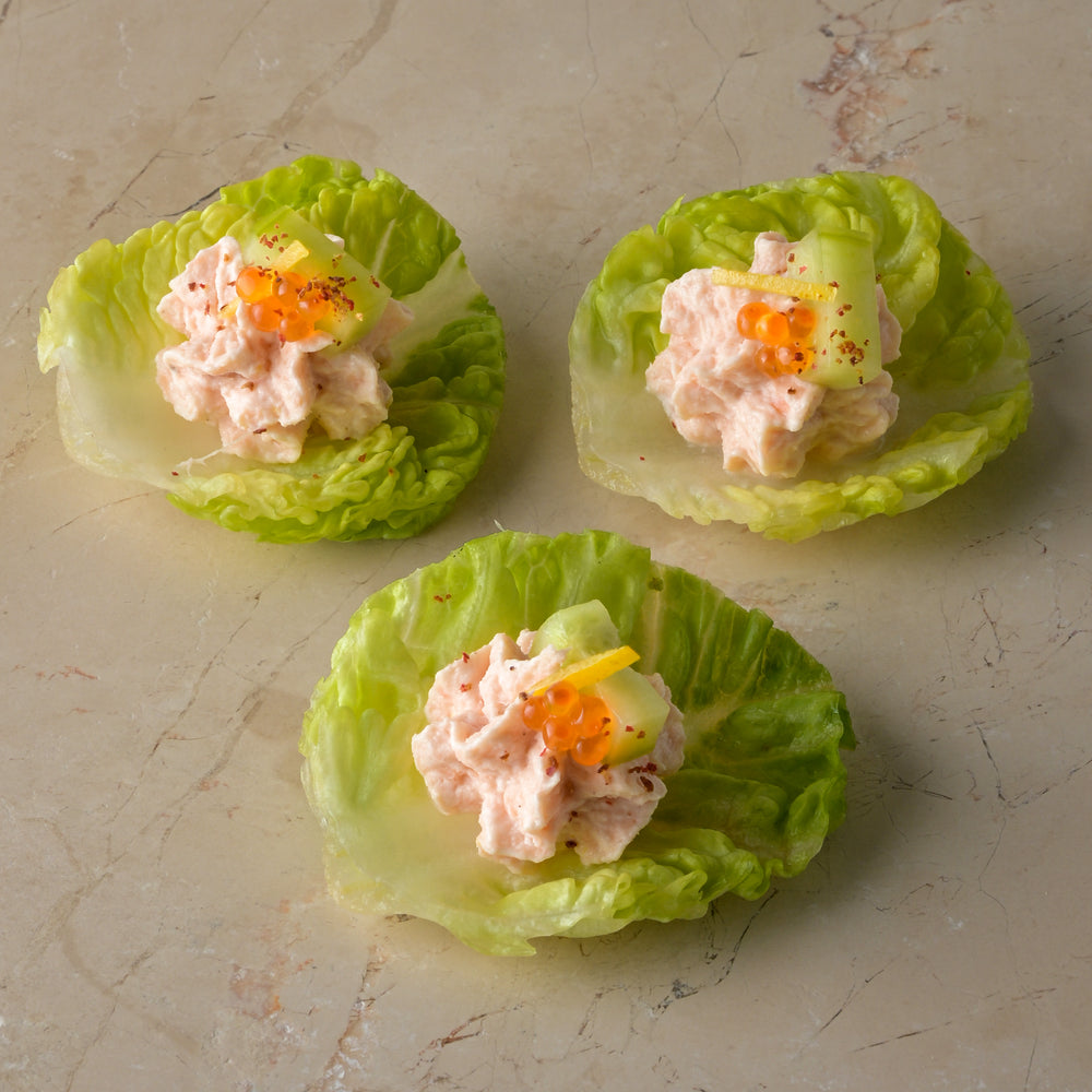 Hot smoked trout pate, sweet pickle cucumber, baby gem, trout roe (GF)