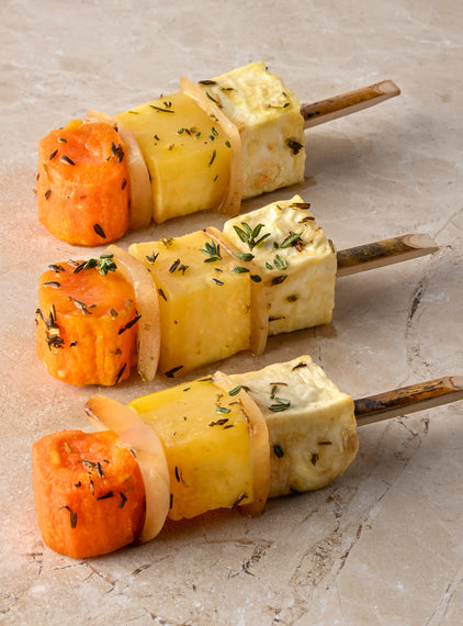 Roast winter vegetable skewer, white onion, lemon oil, thyme, toasted fennel salts