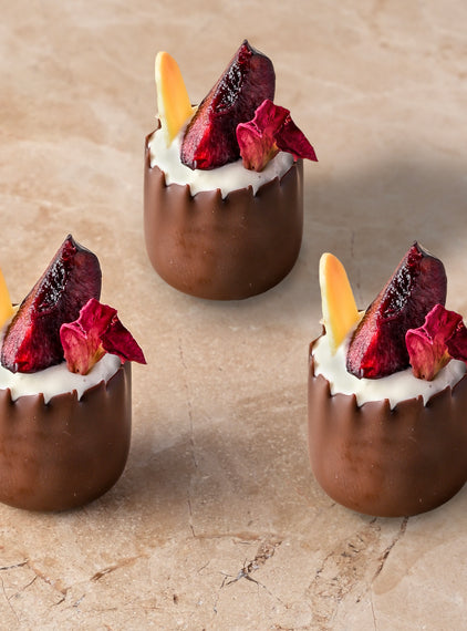 Black forest chocolate cup, chocolate ganache, kirsch cherry, vanilla creme