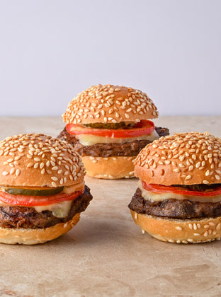 Mini cheeseburger, cheese, tomato, pickle