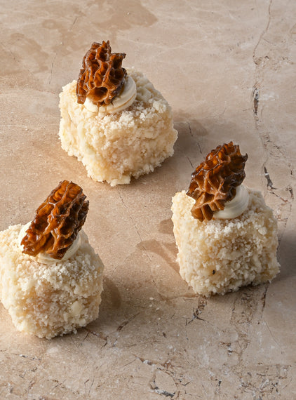 Parmesan and white truffle risotto tartine, truffle crème, fresh morelle