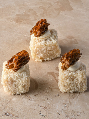 Parmesan and white truffle risotto tartine, truffle crème, fresh morelle