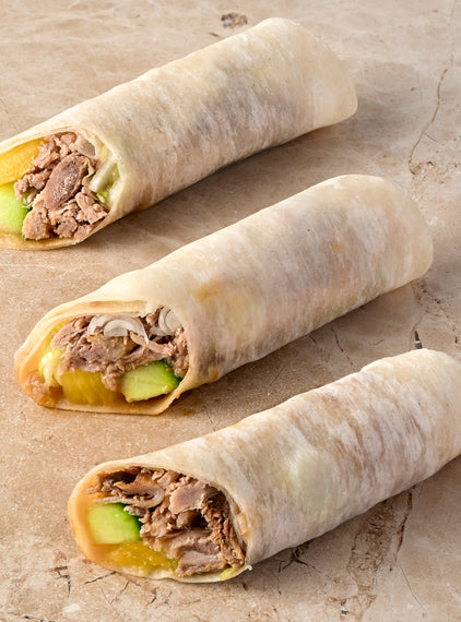 Peking duck spring rolls, hoi-sin, cucumber, pineapple