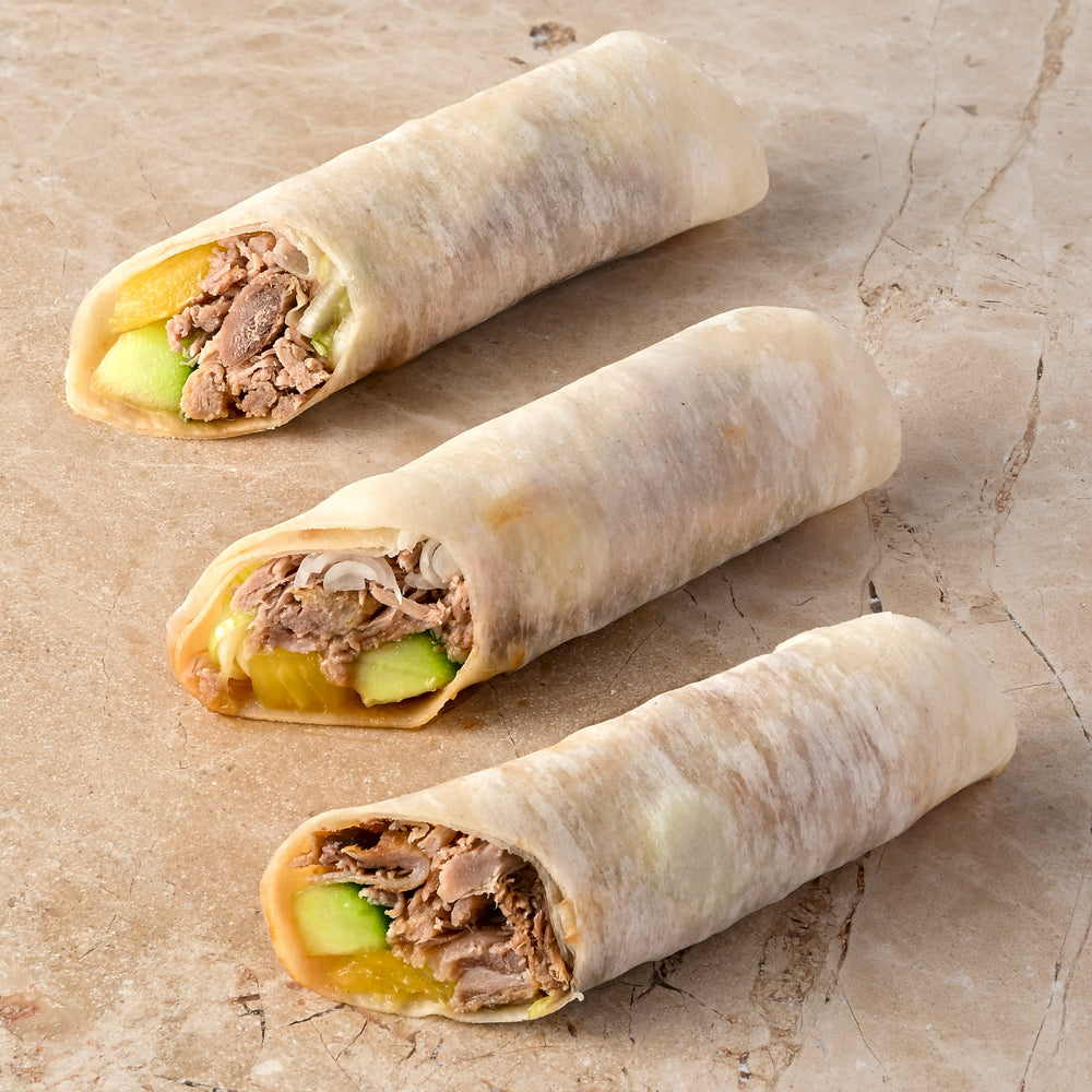 Peking duck spring rolls, hoi-sin, cucumber, pineapple