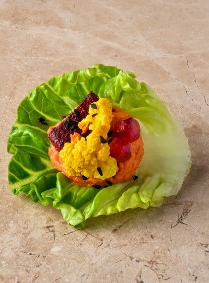 Pickled cauliflower, red pepper hummus, pomegranate, roast beetroot, baby gem, toasted spices