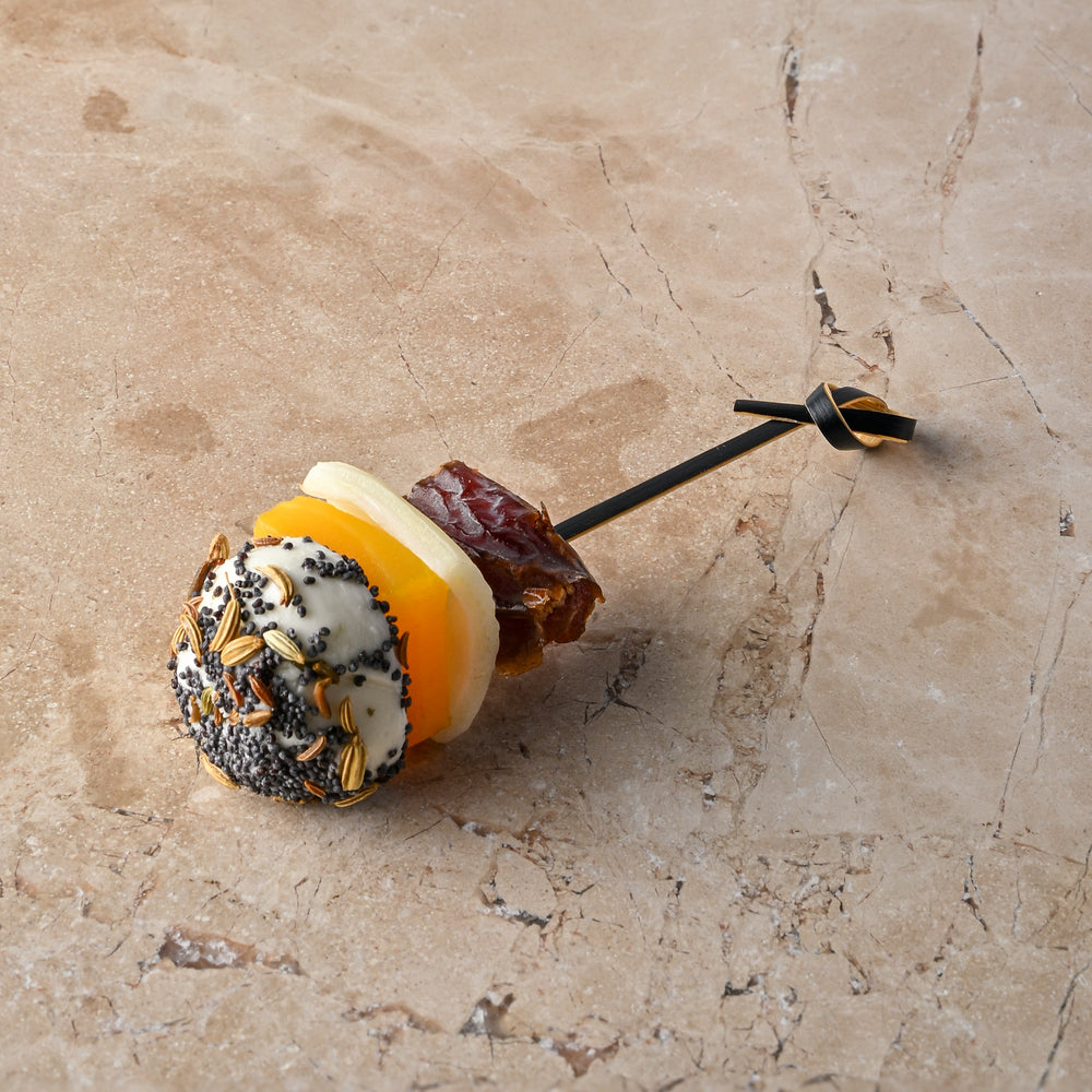 Poppy, fennel and cumin seed rolled goat’s cheese, pickled golden beetroot, medjool date (GF)