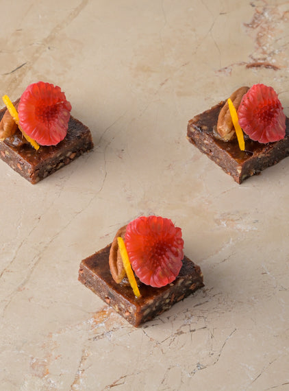 Raw cacao, medjool date and pecan truffle, date fudge, raspberry (GF)