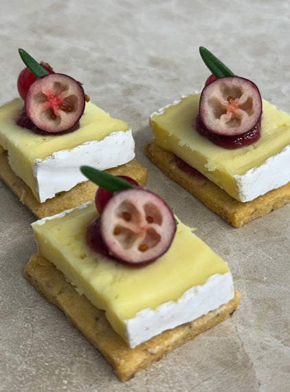 Rosemary gluten free shortbread, Waterloo cheese, cranberry chutney, fresh cranberry.
