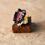 Salted caramel brownie, vanilla cream, blackberry, stem ginger