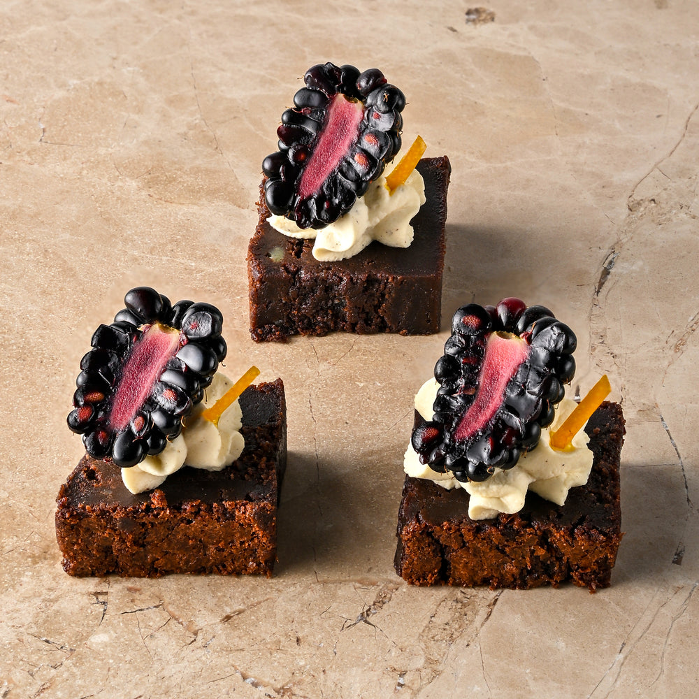Salted caramel brownie, vanilla cream, blackberry, stem ginger