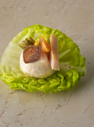 Smoked chicken salad, caper, apricot, baby gem, Grana Padano (GF)