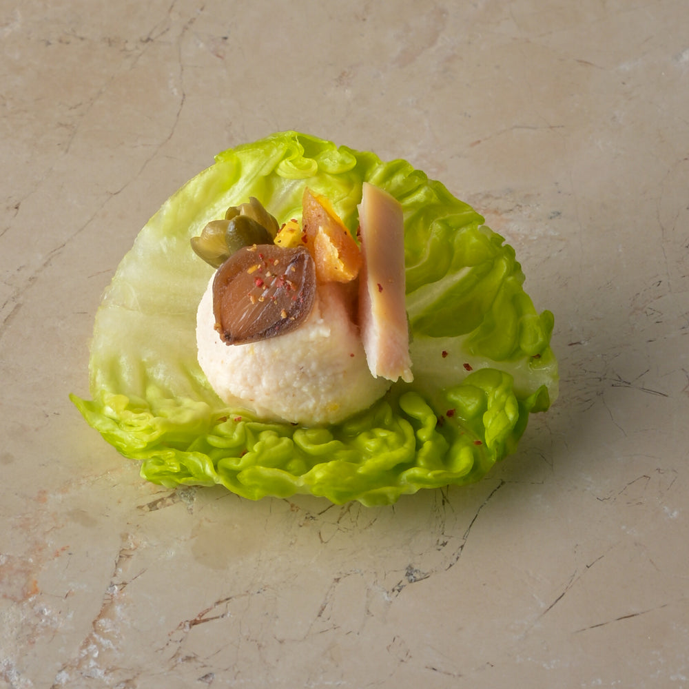 Smoked chicken salad, caper, apricot, baby gem, Grana Padano (GF)