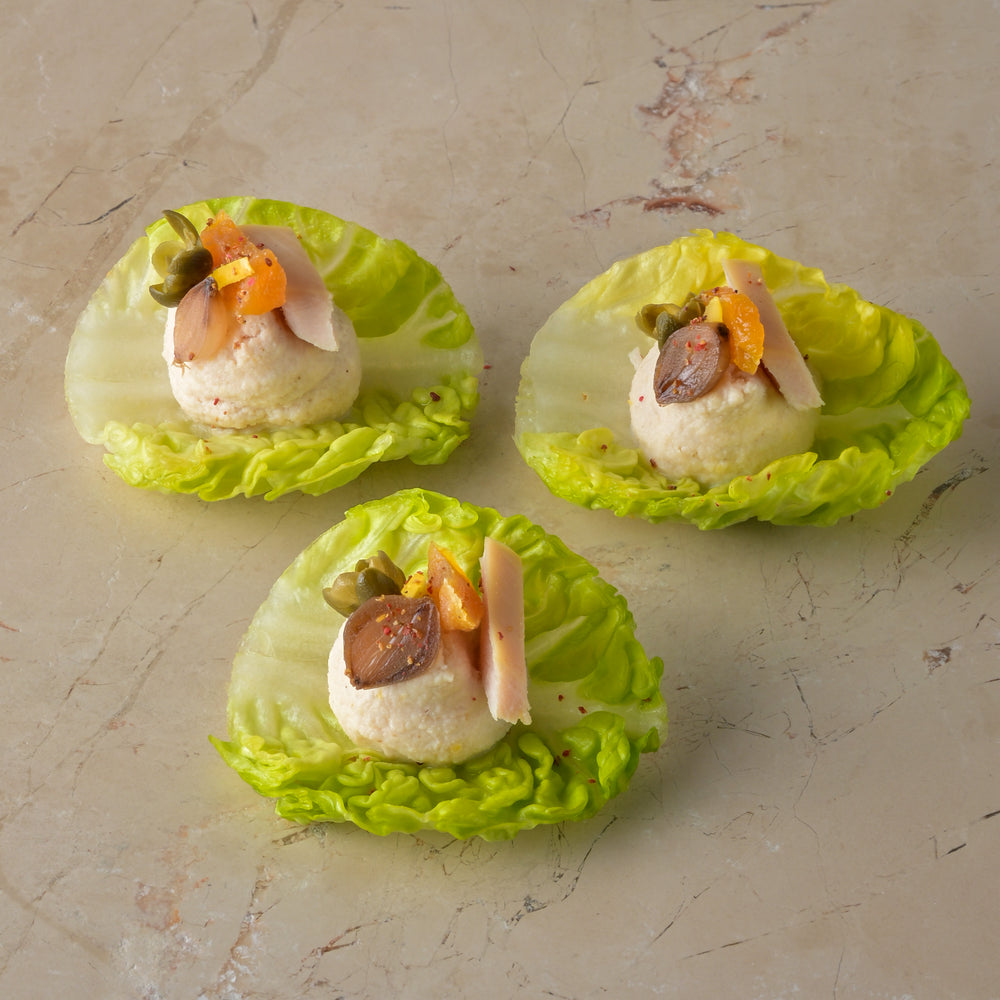Smoked chicken salad, caper, apricot, baby gem, Grana Padano (GF)