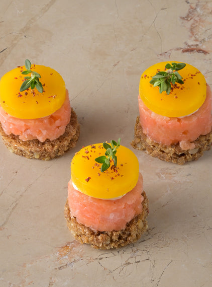 Smoked salmon on rye, pickled golden beetroot, fresh horseradish, pink pepper