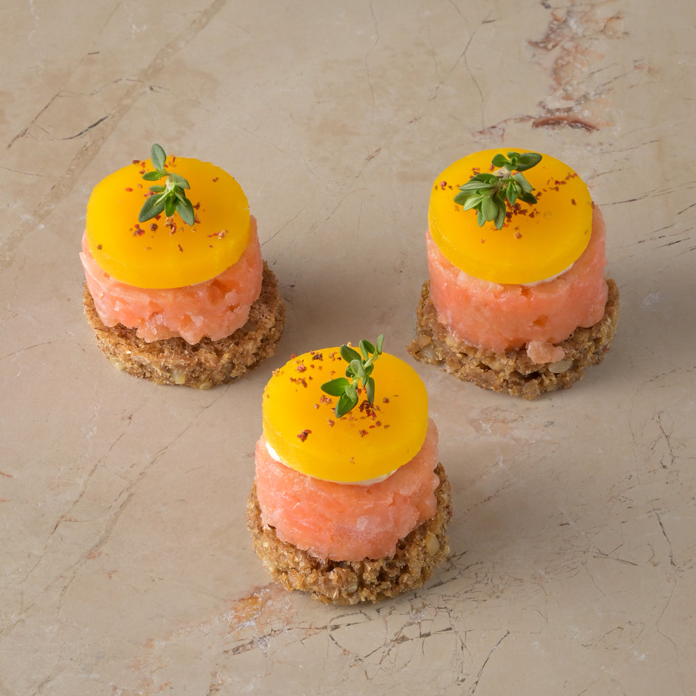 Smoked salmon on rye, pickled golden beetroot, fresh horseradish, pink pepper