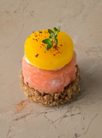 Smoked salmon on rye, pickled golden beetroot, fresh horseradish, pink pepper