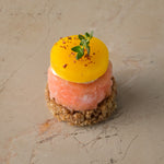 Smoked salmon on rye, pickled golden beetroot, fresh horseradish, pink pepper