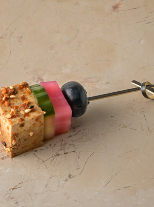 Soy togarashi tofu, yuzu cucumber, candied beetroot, blueberry