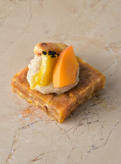 Spiced savoury date fudge, pink pepper bean puree, lime pickle, cashew, fresh apricot (GF)
