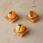 Spiced savoury date fudge, pink pepper bean puree, lime pickle, cashew, fresh apricot (GF)