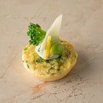 Tenderstem, Grana Padano and roast shallot frittata, lemon crème, tenderstem tip, broad bean (GF)